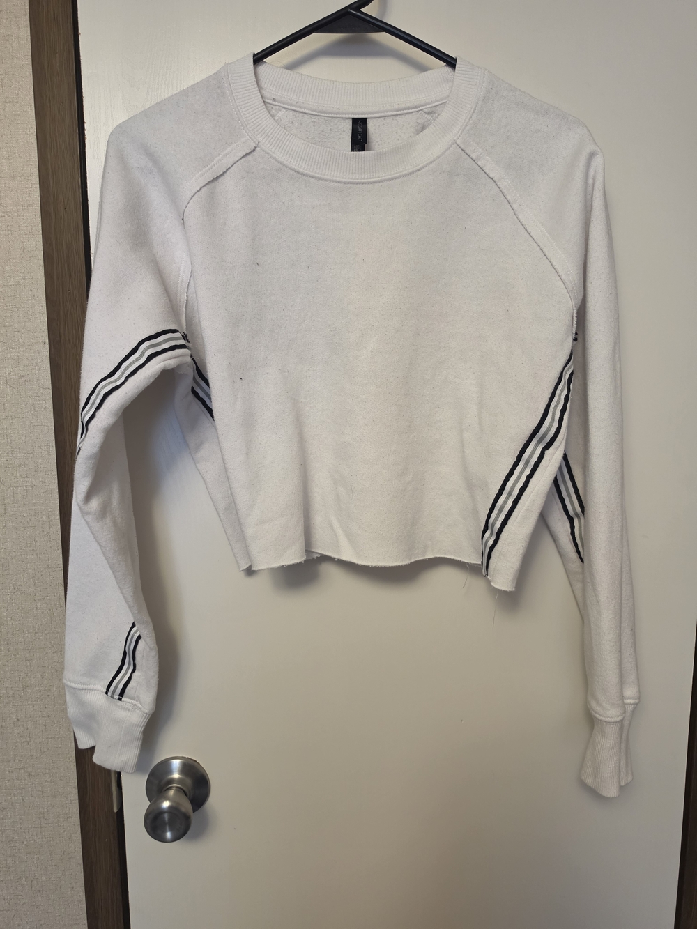 Aeropostale White Cropped Long-Sleeve Top with Black Stripe Detail